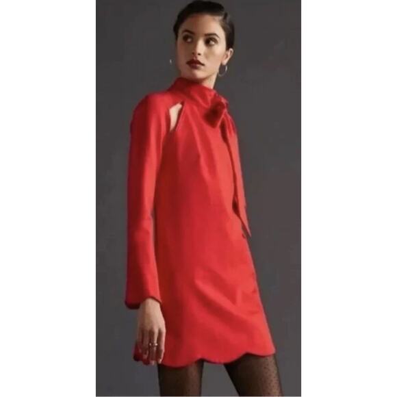 Maeve Anthropologie Red Tie Neck Scallop Hem Shift Dress Small Holiday party - Picture 1 of 11